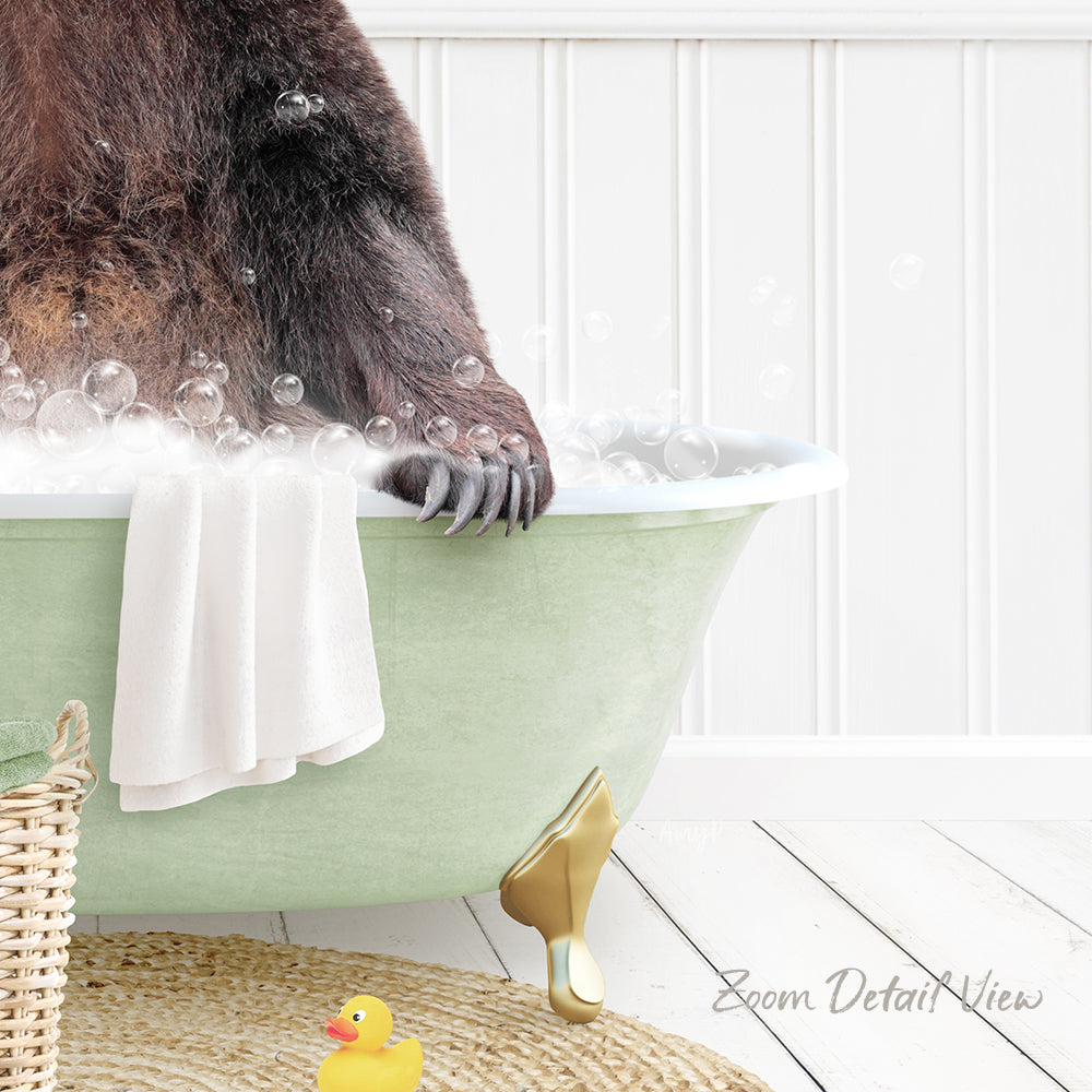 A brown bear is sitting in a green bathtub filled with bubbles, with a yellow rubber duck nearby.
