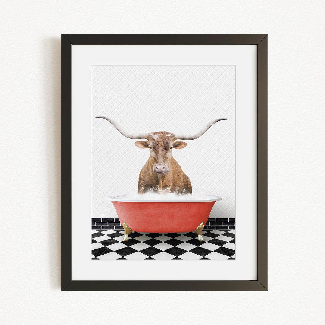 A brown cow with large horns is sitting in a red bathtub filled with water, creating a whimsical and humorous scene.