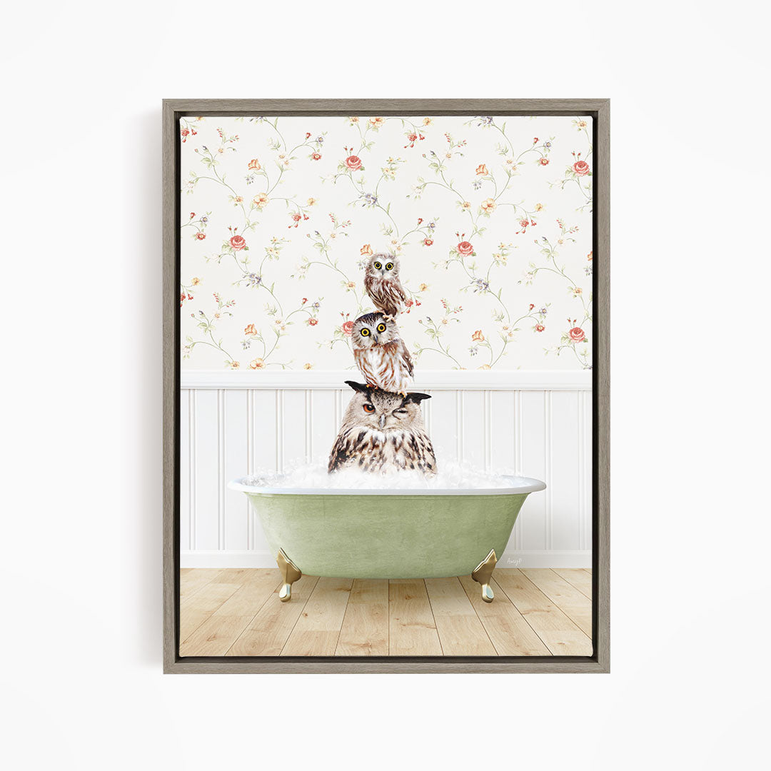 A framed image depicting three owls sitting in a green bathtub, with a floral wallpaper in the background.