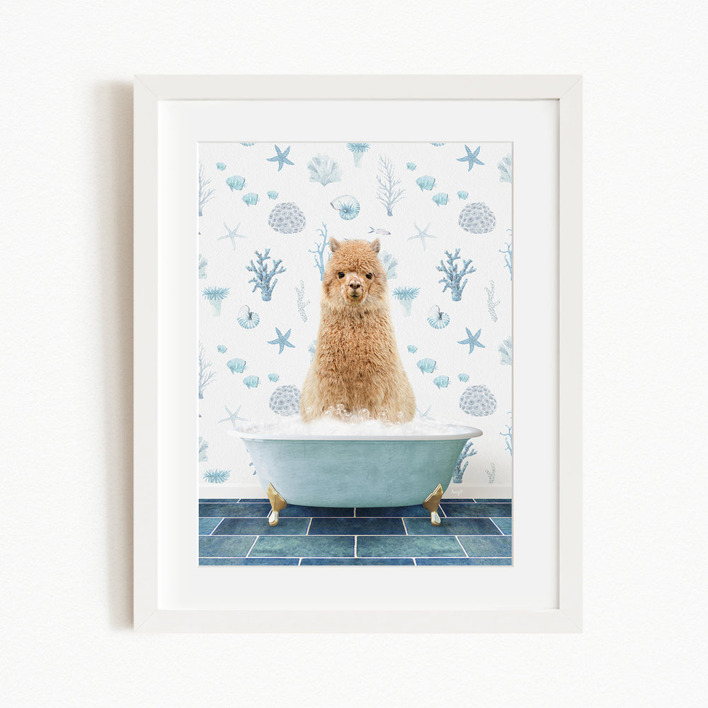 A fluffy brown dog sitting in a blue bathtub filled with bubbles, surrounded by a pattern of seashells and starfish on the wall behind it.