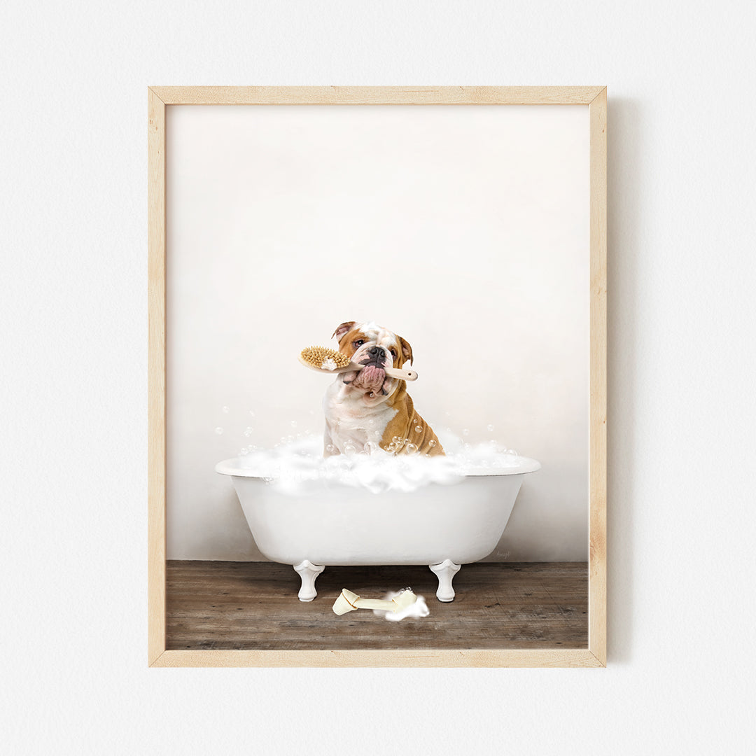 a dog taking a bath in a bathtub