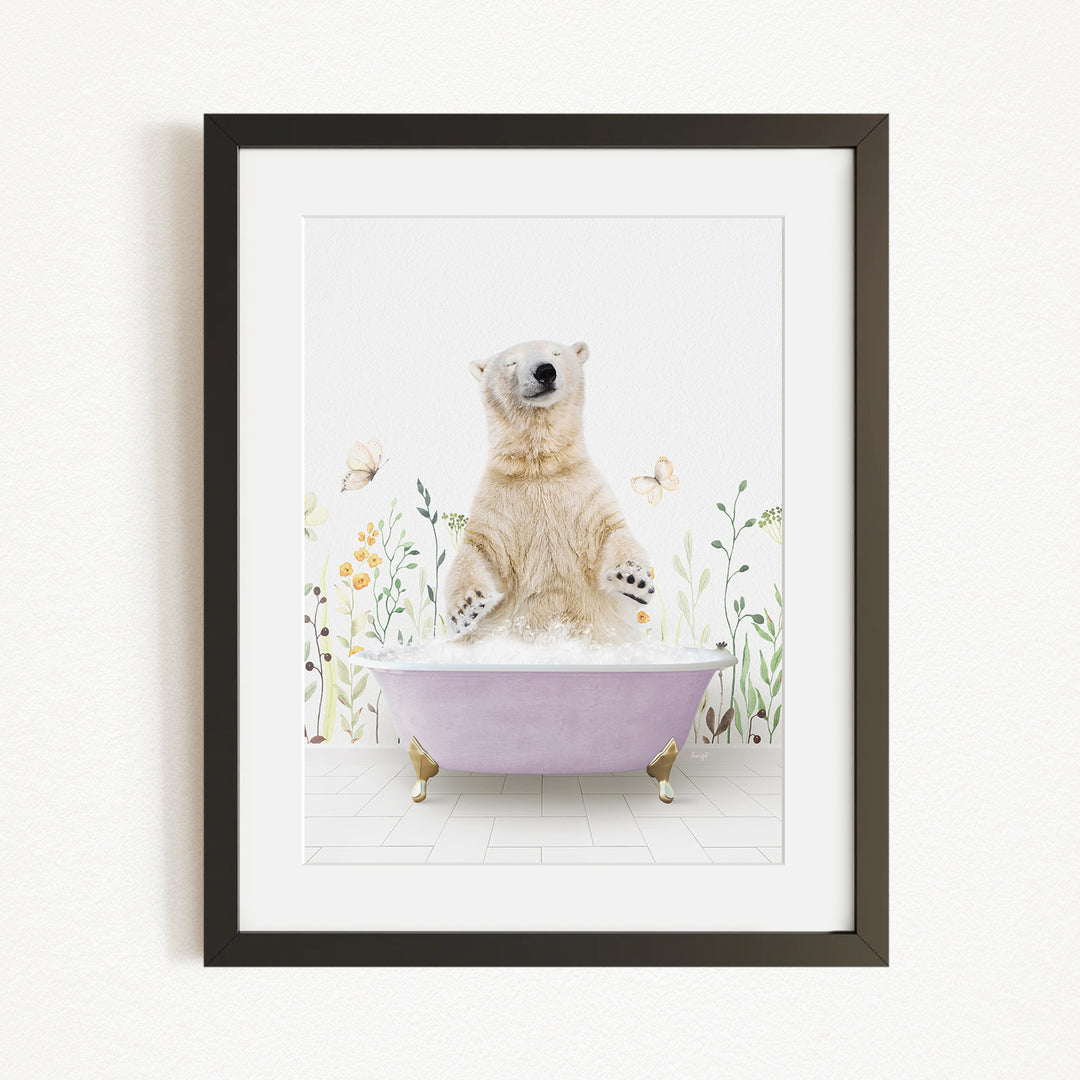 A polar bear sitting in a purple bathtub, surrounded by flowers and butterflies, creating a whimsical and playful scene.