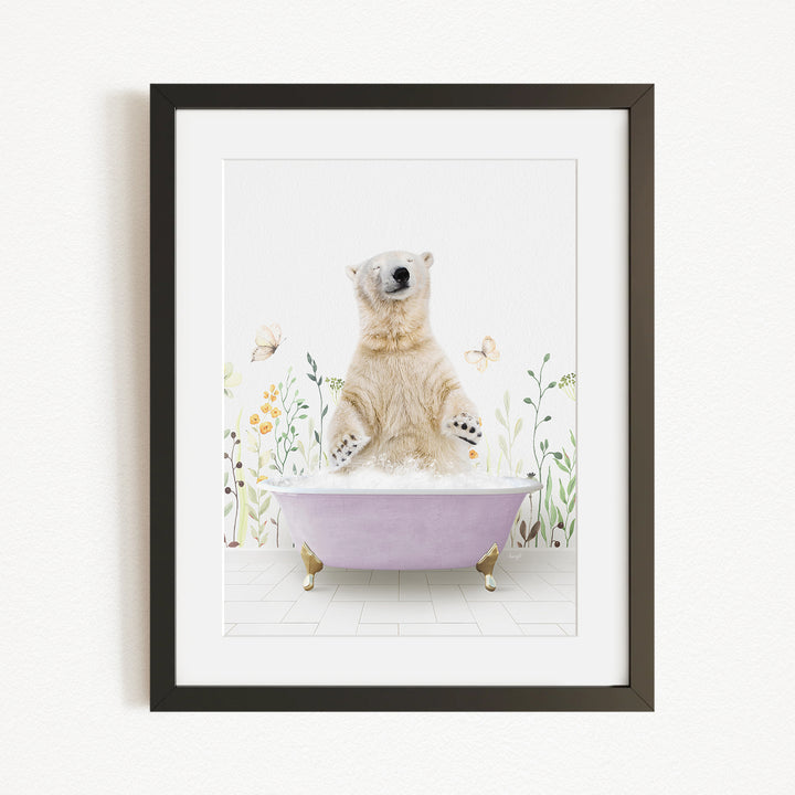 A polar bear sitting in a purple bathtub, surrounded by flowers and butterflies, creating a whimsical and playful scene.