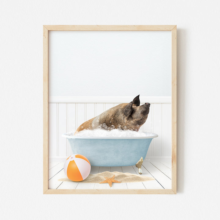 a dog taking a bath in a blue bathtub