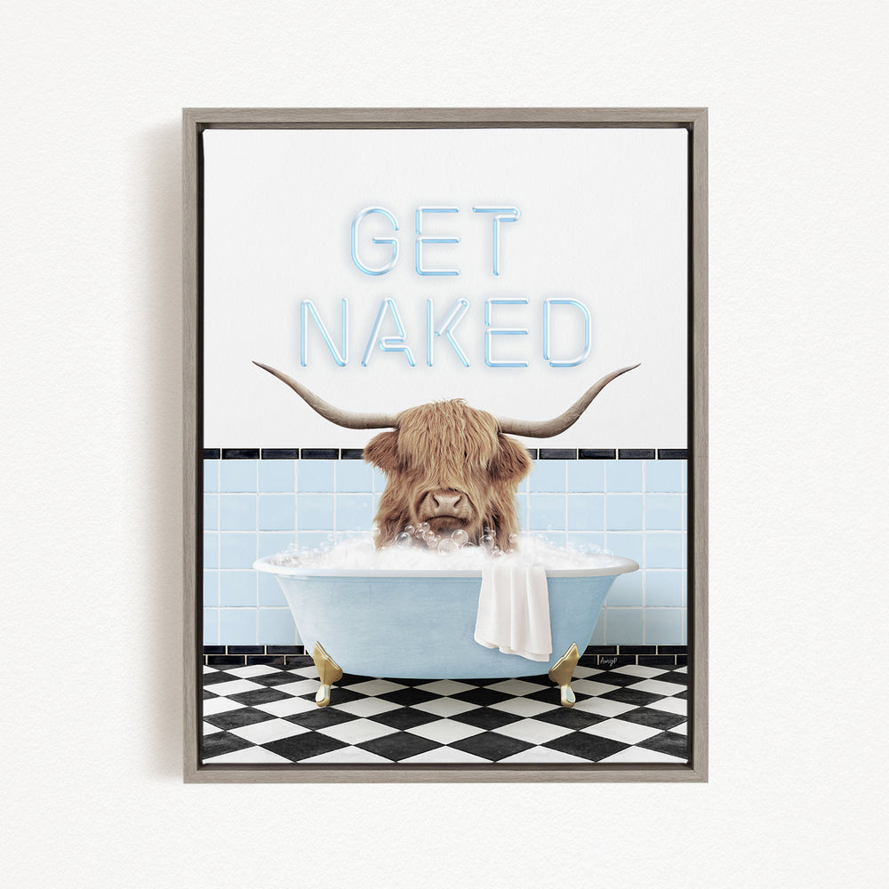 a horned animal, possibly a yak or a bull, sitting in a bathtub filled with water and bubbles, with the text "GET NAKED" displayed above it.
