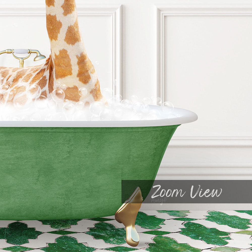 A giraffe is standing in a green bathtub filled with bubbles, creating a whimsical and playful scene.