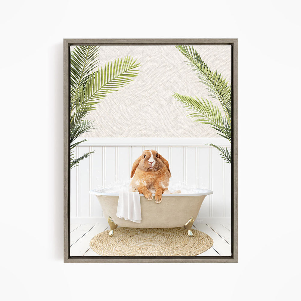 A brown rabbit sitting in a white bathtub, surrounded by green palm leaves, creating a whimsical and relaxing scene.
