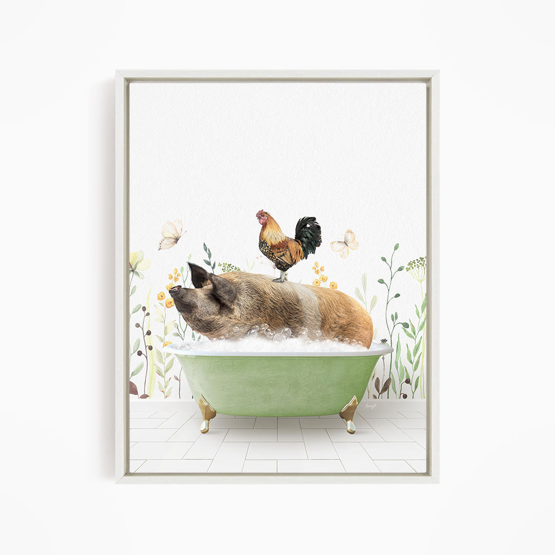 A pig sitting in a green bathtub, with a rooster perched on its back, surrounded by flowers and butterflies.