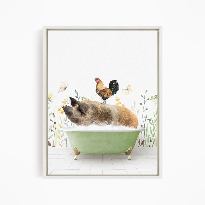 A pig sitting in a green bathtub, with a rooster perched on its back, surrounded by flowers and butterflies.