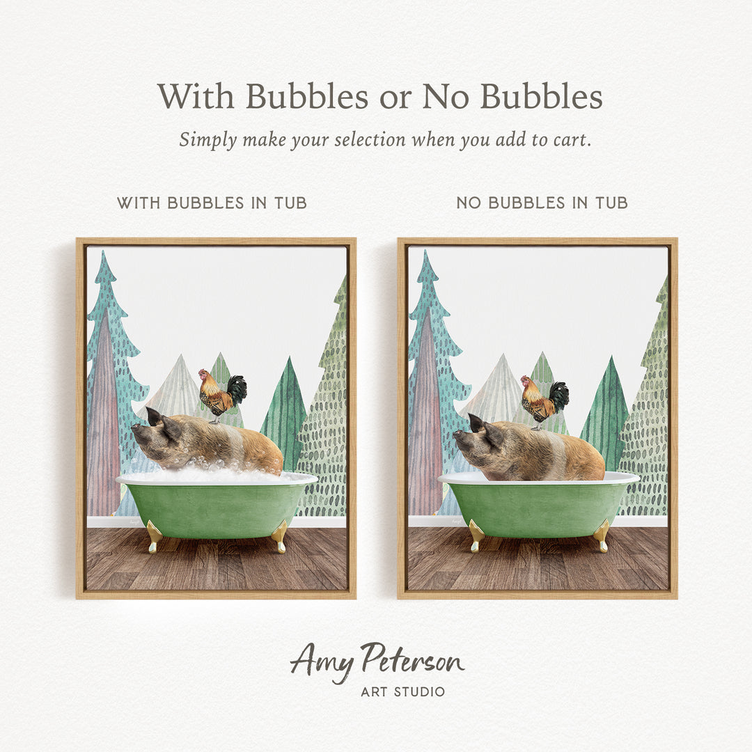 The image is a collage of two pictures, each featuring a cat sitting in a bathtub. The cat appears to be enjoying a bath, surrounded by bubbles. The collage is titled "With Bubbles or No Bubbles" and includes a caption that suggests the viewer should make their selection when adding to a cart.