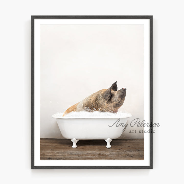 a dog taking a bath in a white bathtub