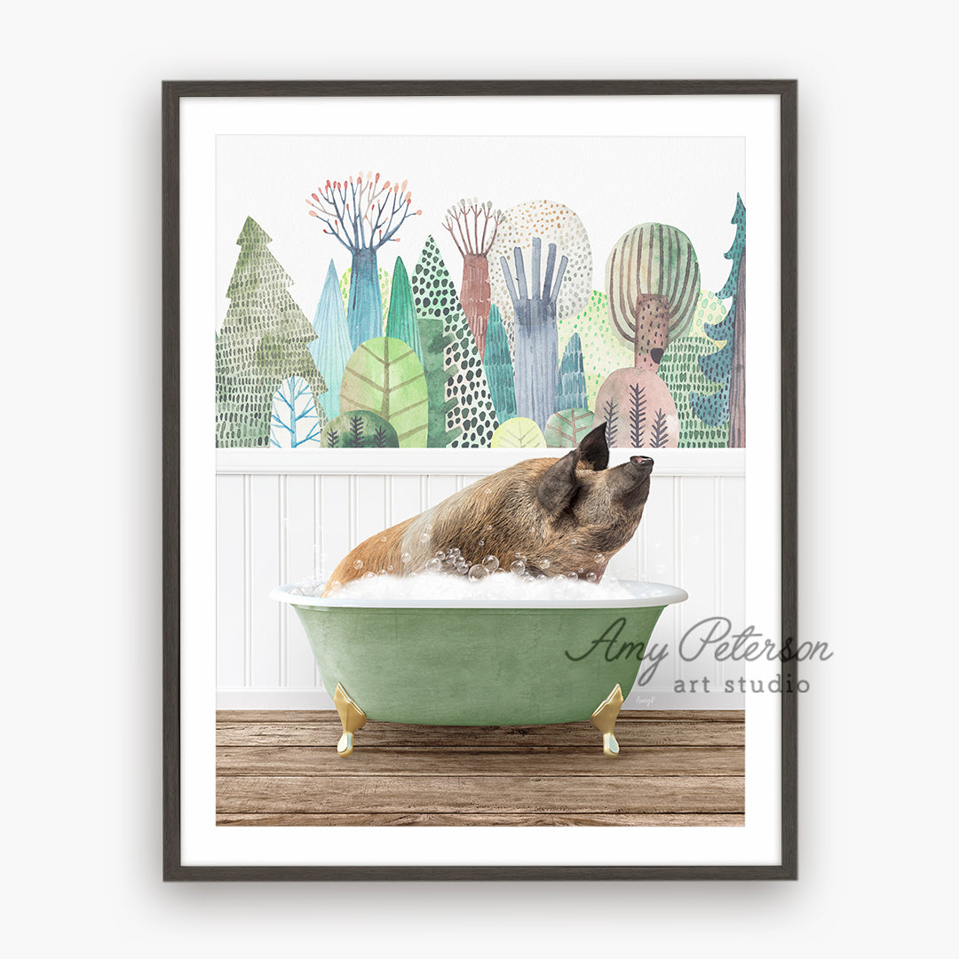 a dog taking a bath in a green bathtub