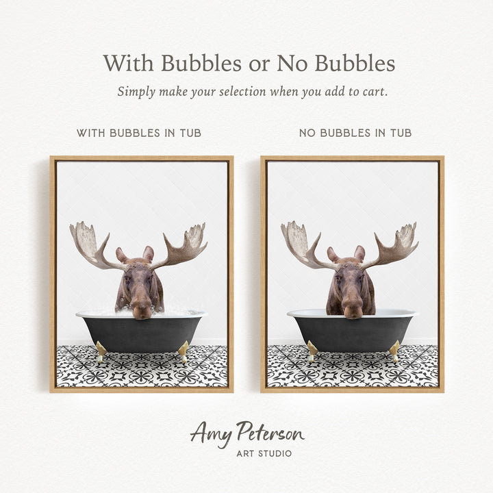 The image is a framed print featuring a moose in a tub, with the caption "With Bubbles or No Bubbles" and "With Bubbles in Tub" indicating the presence of bubbles in the tub.