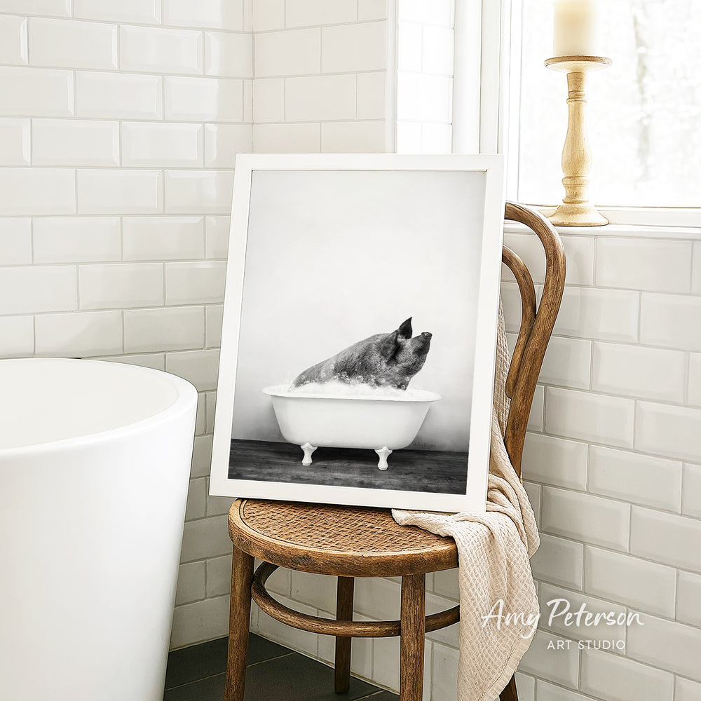 A framed black and white photograph of a pig sitting in a bathtub, with a towel draped over the back of a wooden chair in a bathroom setting.