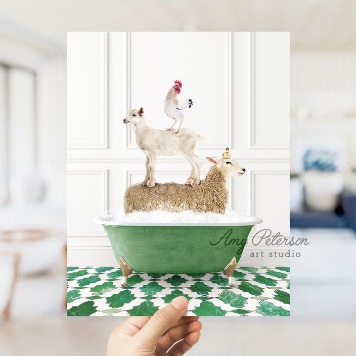 a person holding up a card with a sheep and a chicken on top of it