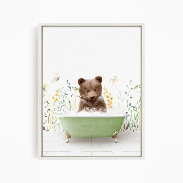 A cute brown bear sitting in a green bathtub filled with bubbles, surrounded by flowers and butterflies.
