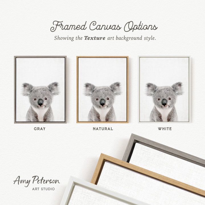 three framed canvas options, each with a different background color: gray, natural, and white. The text above the options reads " Framed Canvas Options" and "Showing the Texture art background style." The text below the options reads "Grays," "NATURAL," and "WHITE." The artist's name, Amy Peterson, is also mentioned at the bottom of the image.