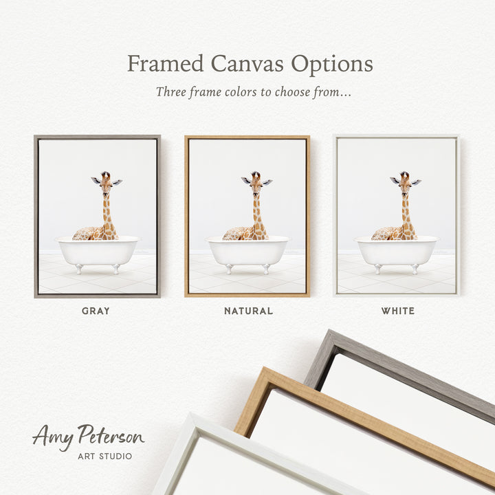 three framed canvas options, each featuring a giraffe sitting in a bathtub. The options include a gray frame, a natural frame, and a white frame.