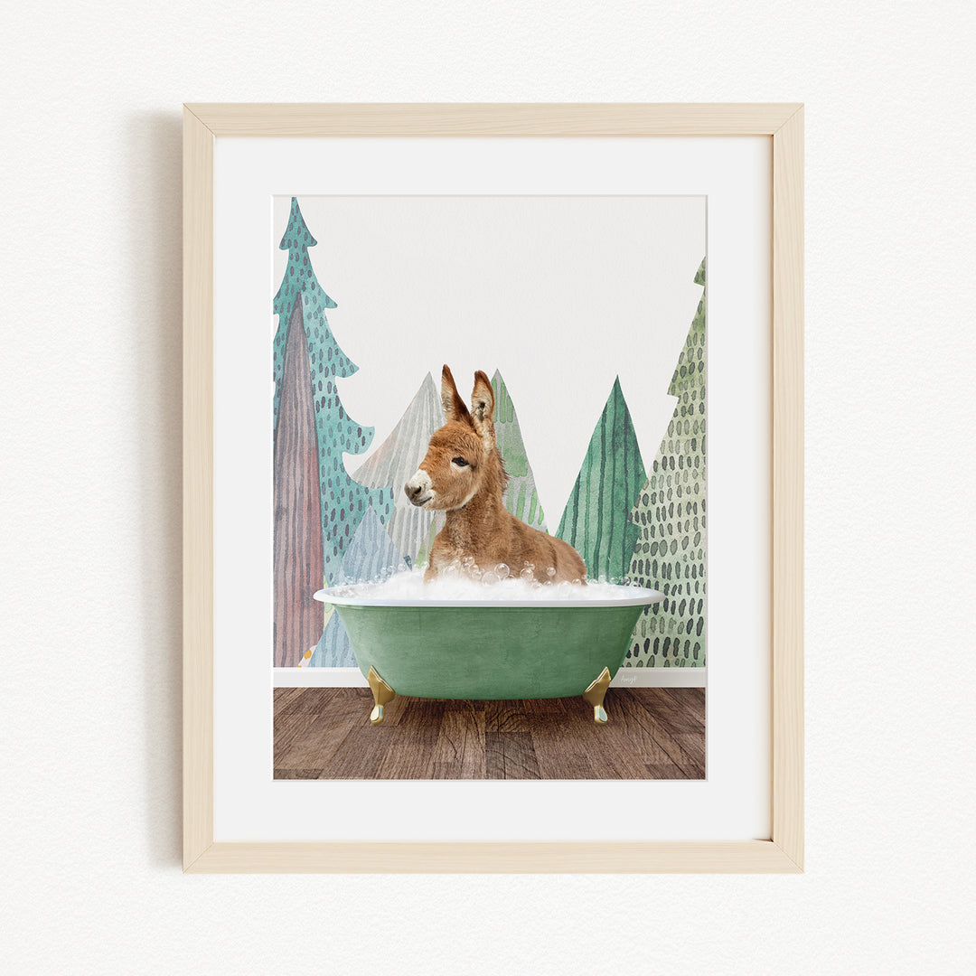 A donkey is sitting in a green bathtub, surrounded by a forest-themed background with trees and a snowy landscape.