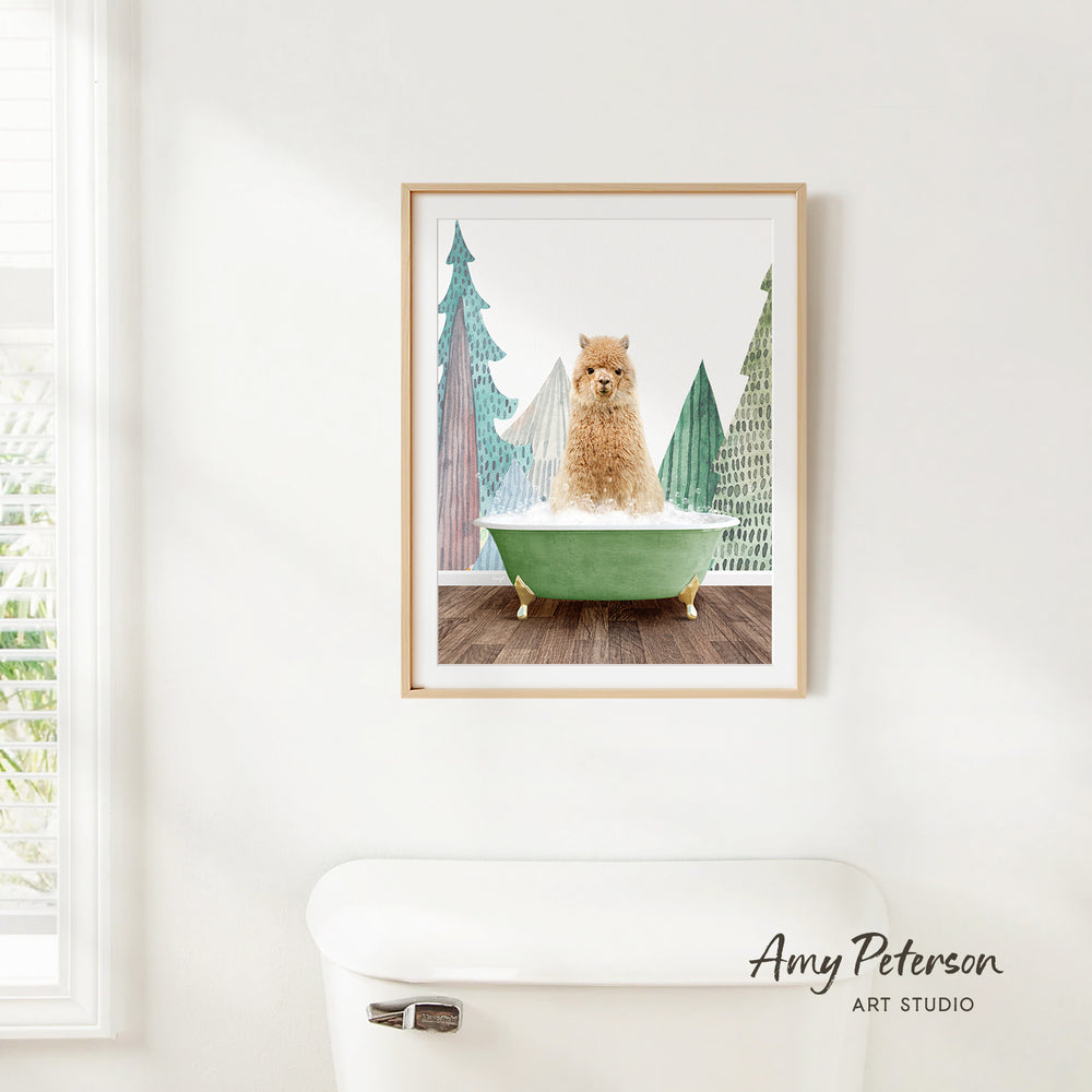 A framed print of a dog sitting in a green bathtub, surrounded by trees, is hanging on a white wall in a bathroom.