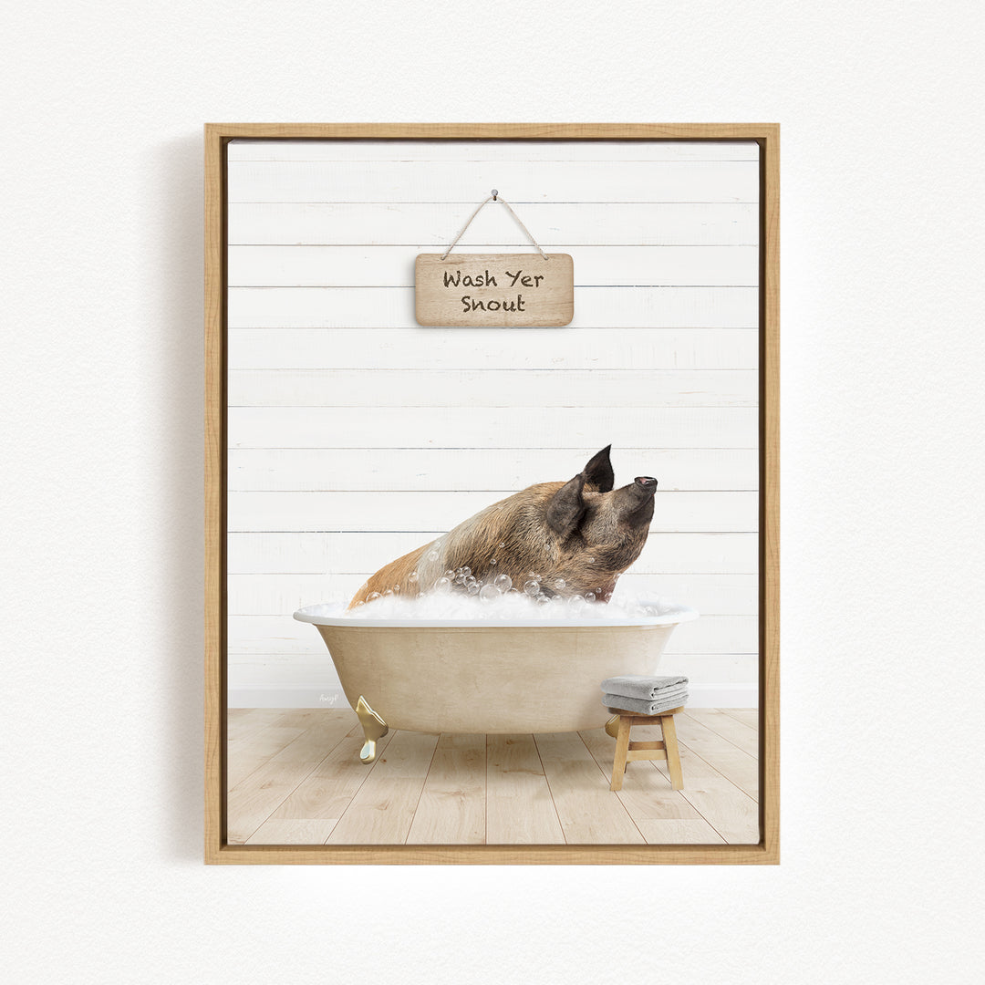 A pig sitting in a bathtub, with a sign above it that says "Wash Yer Shout".