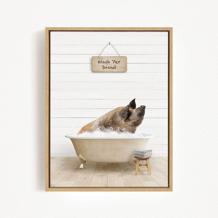 A pig sitting in a bathtub, with a sign above it that says "Wash Yer Shout".