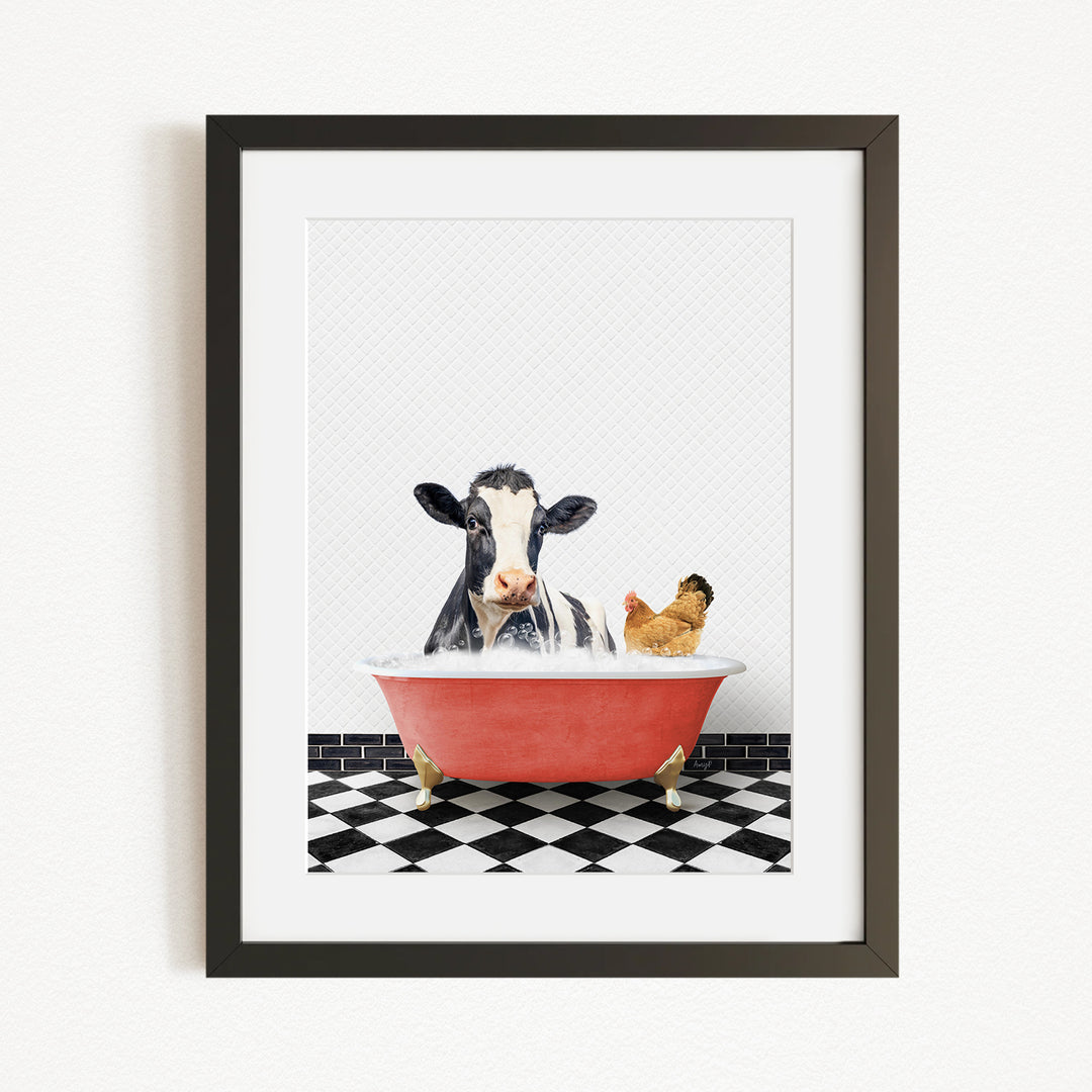 A black and white cow is sitting in a red bathtub, with a chicken standing nearby, on a black and white checkered floor.