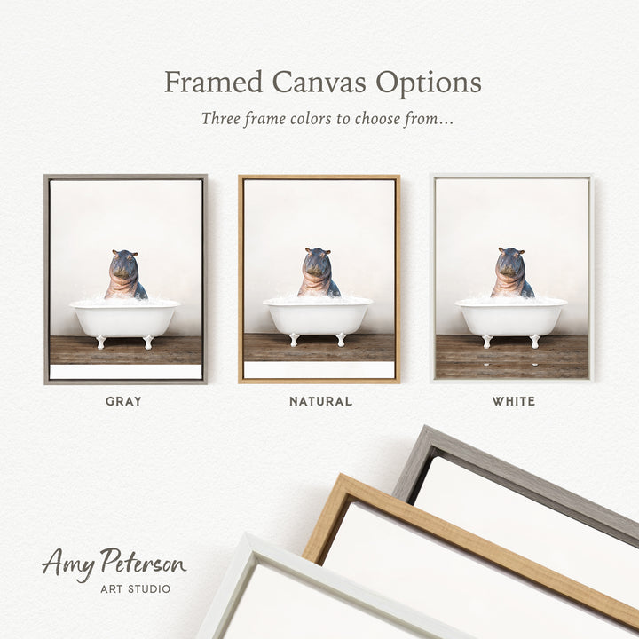 three framed canvas options, each featuring a photograph of a hippopotamus sitting in a bathtub. The options include a gray frame, a natural frame, and a white frame.