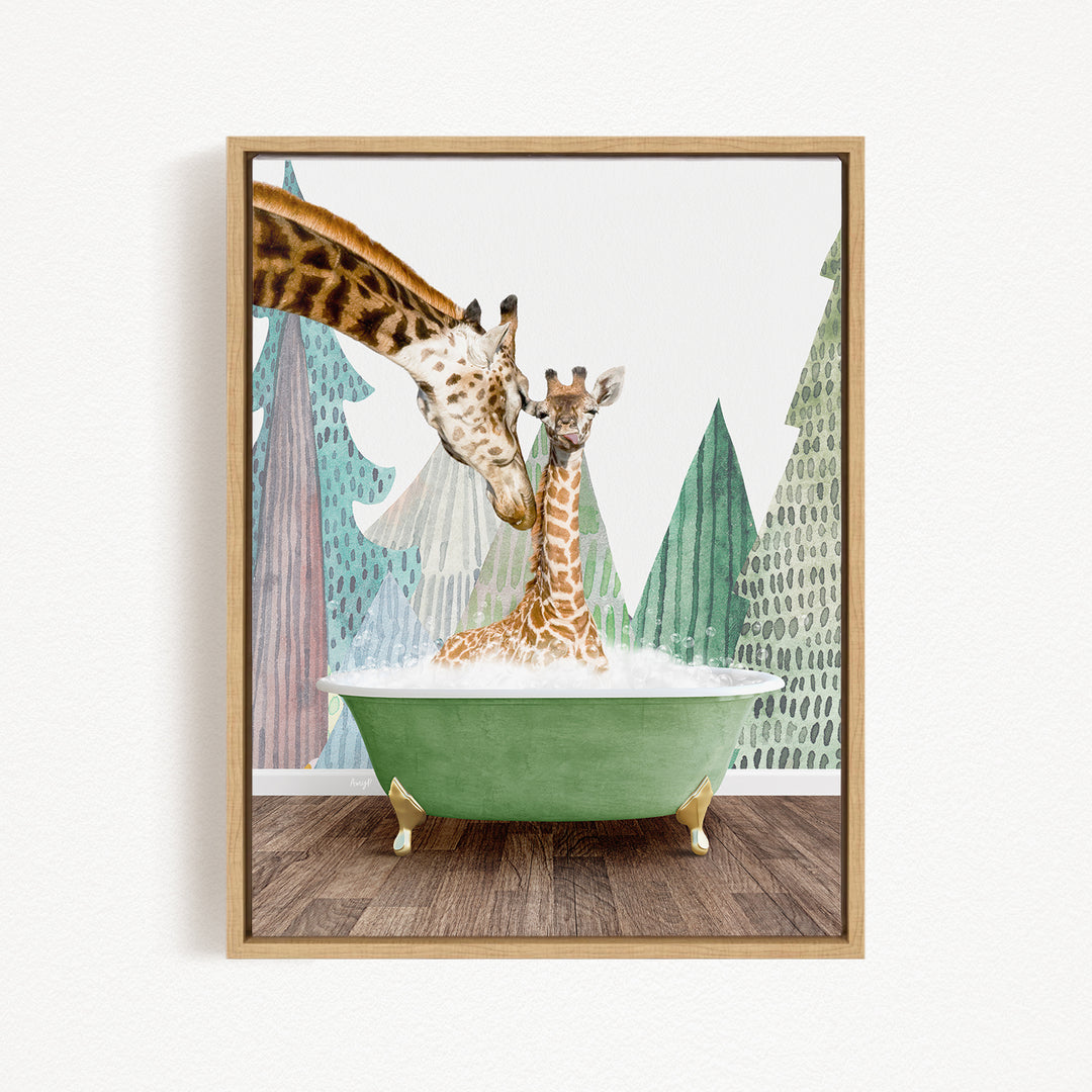 A giraffe and a baby giraffe are sitting in a green bathtub, surrounded by a forest-themed background.