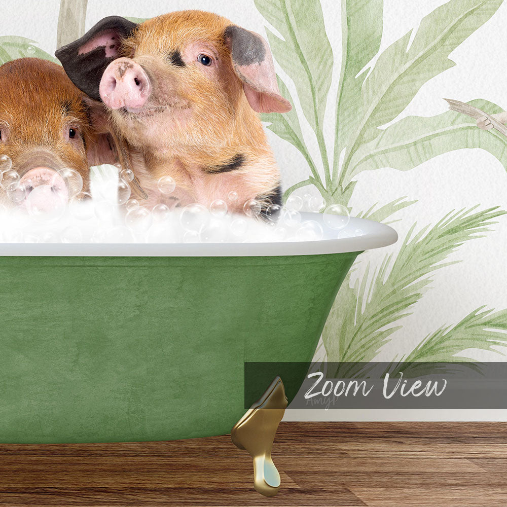Two adorable pigs sitting in a green bathtub filled with bubbles, enjoying a relaxing bath.
