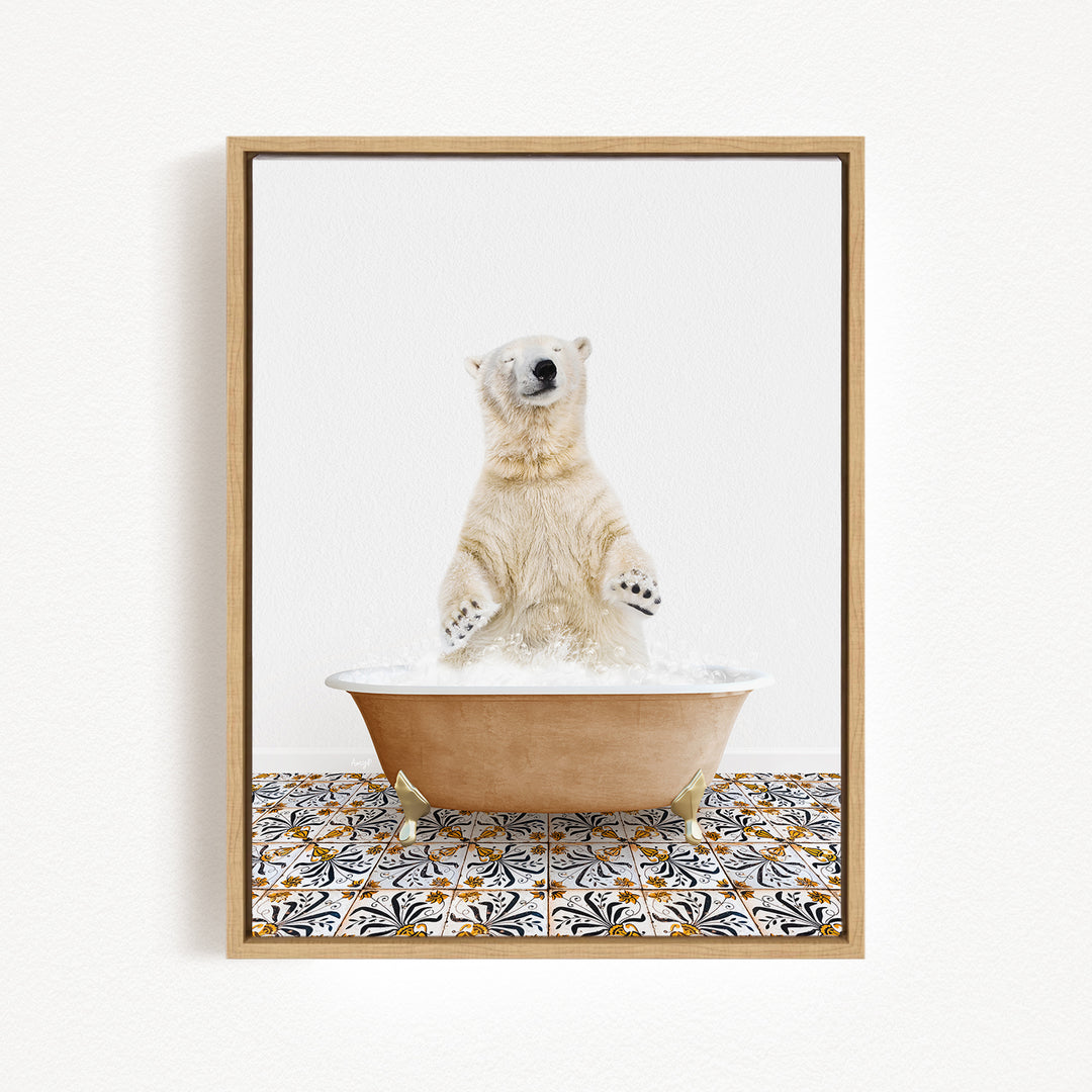 A polar bear standing in a bathtub filled with water, surrounded by a patterned tile floor.