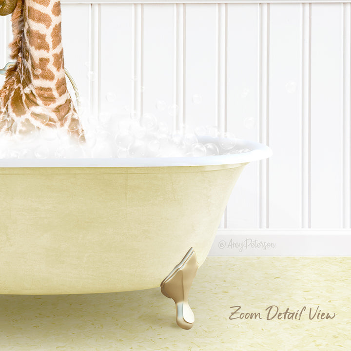 A bathtub filled with water and bubbles, with a giraffe's head partially submerged in the water.