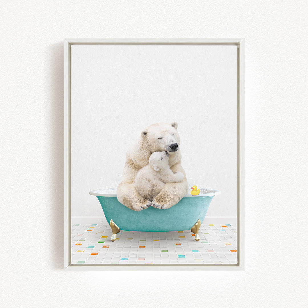 A polar bear is sitting in a blue bathtub, surrounded by a yellow rubber duck and a colorful tiled floor.