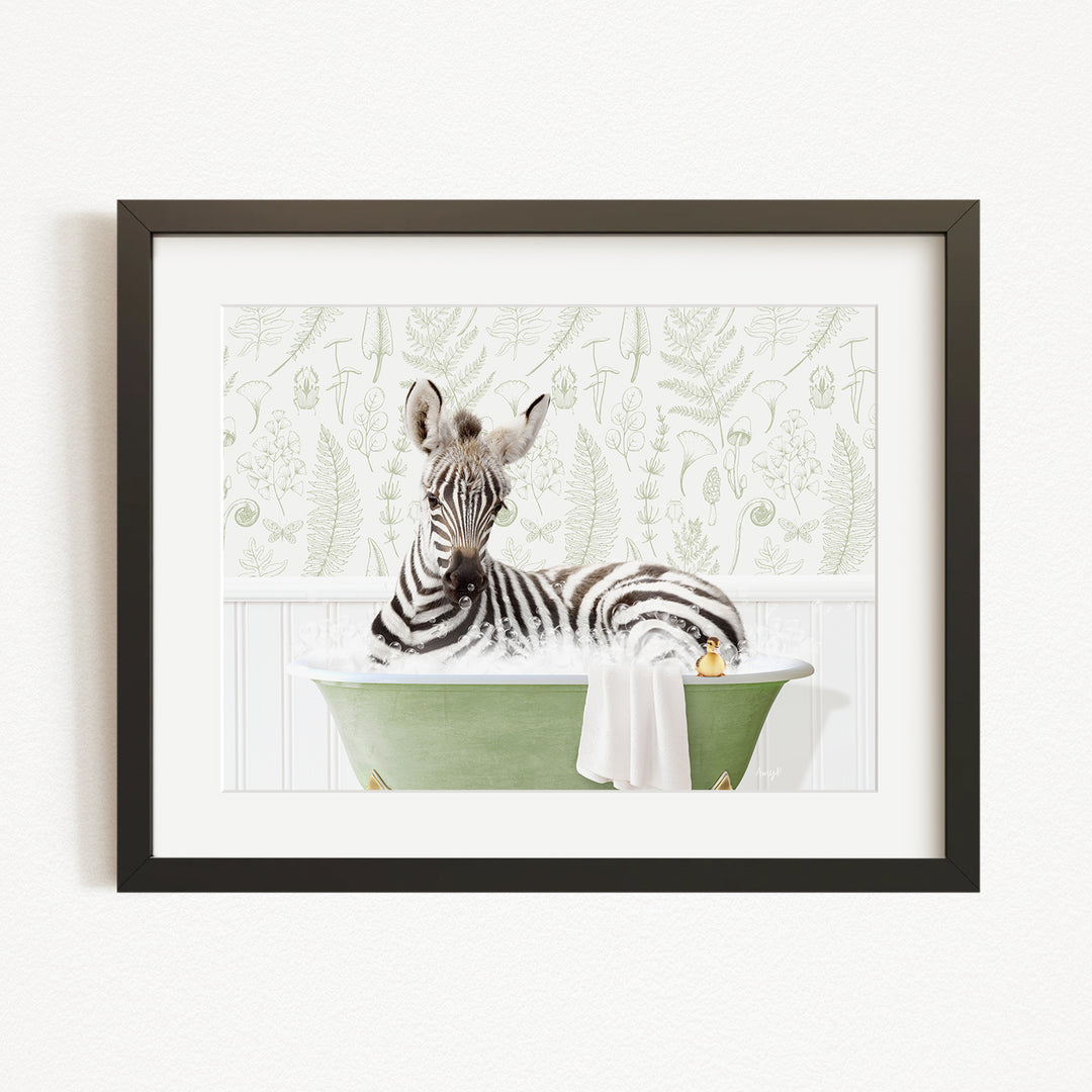 A zebra is sitting in a green bathtub filled with water, surrounded by a patterned wall.