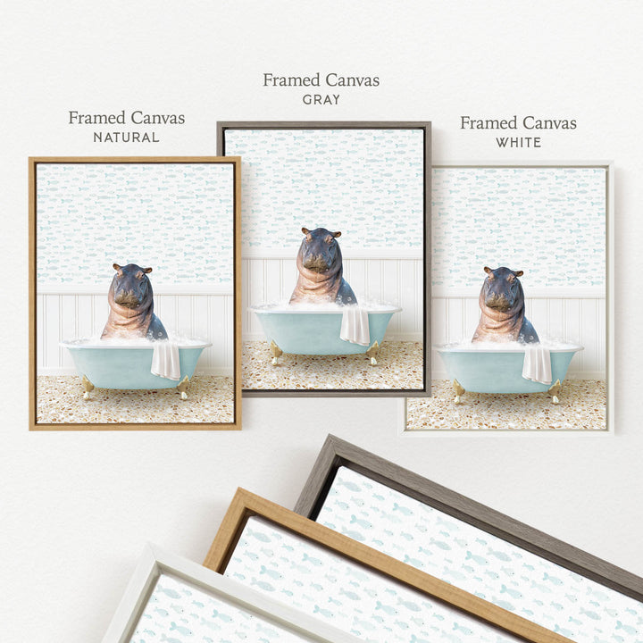 a framed canvas with a picture of a hippopotamus sitting in a bathtub, surrounded by a pattern of small fish.