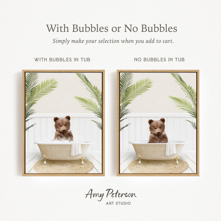 The image is a collage of two pictures featuring a teddy bear sitting in a bathtub. The first picture has bubbles in the tub, while the second picture does not have bubbles. The text above the images reads "With Bubbles or No Bubbles Simply make your selection when you add to cart."