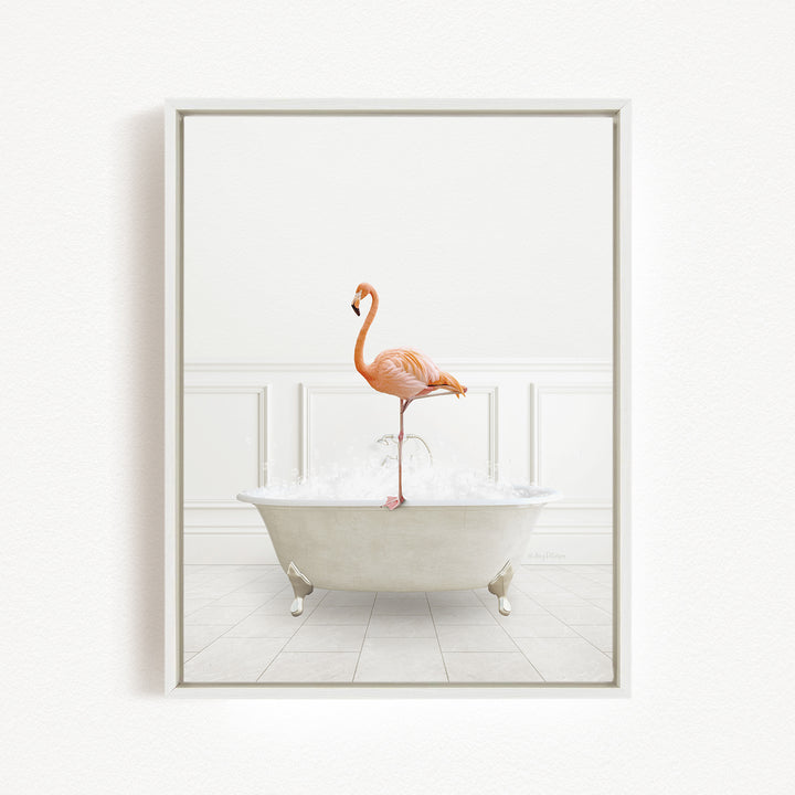 A pink flamingo standing on the edge of a white bathtub filled with water, creating a whimsical and playful scene.