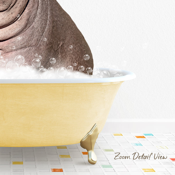 A bathtub filled with bubbles, with a gold-colored bathtub leg visible, and a colorful tiled floor in the background.