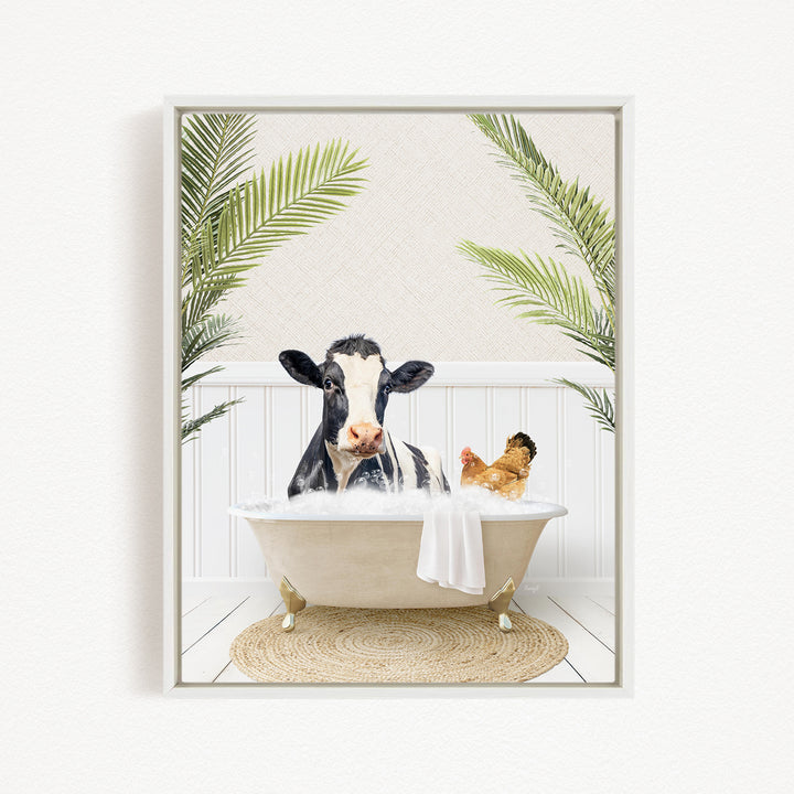 A cow is sitting in a bathtub filled with water, surrounded by a chicken and a palm tree, creating a whimsical and playful scene.