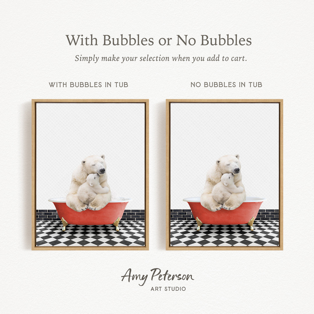 The image is a collage of two pictures featuring polar bears sitting in bathtubs. The first image shows a polar bear and its cub in a red bathtub, while the second image depicts a polar bear and its cub in a bathtub without bubbles. The text above the images reads "With Bubbles or No Bubbles Simply make your selection when you add to cart."