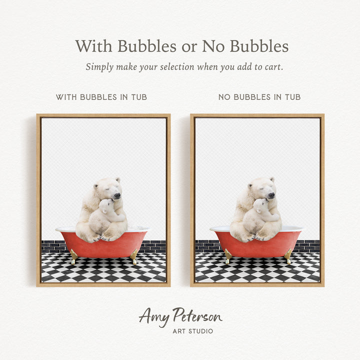 The image is a collage of two pictures featuring polar bears sitting in bathtubs. The first image shows a polar bear and its cub in a red bathtub, while the second image depicts a polar bear and its cub in a bathtub without bubbles. The text above the images reads "With Bubbles or No Bubbles Simply make your selection when you add to cart."