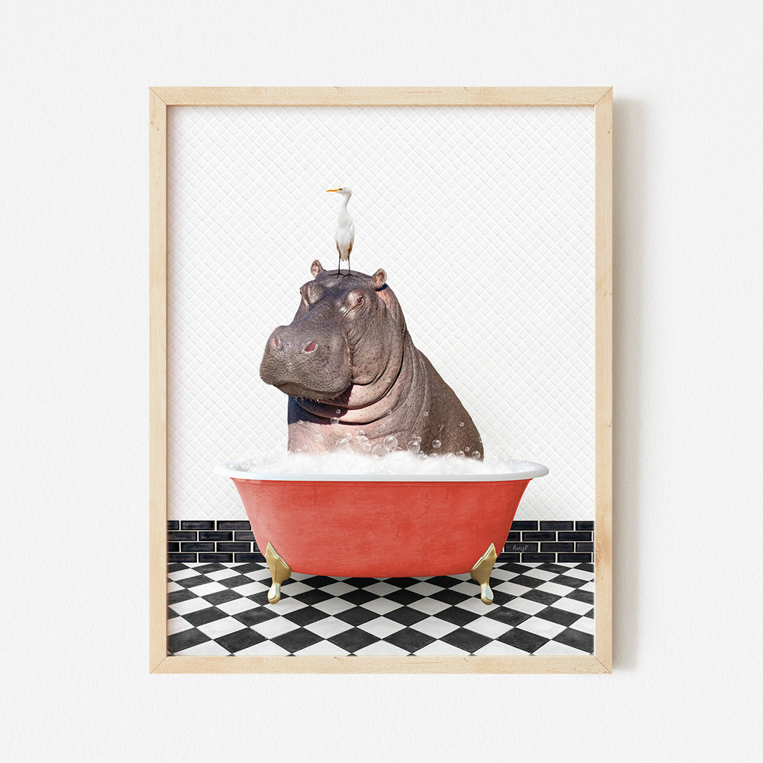 a hippo in a bathtub with a bird on top of it