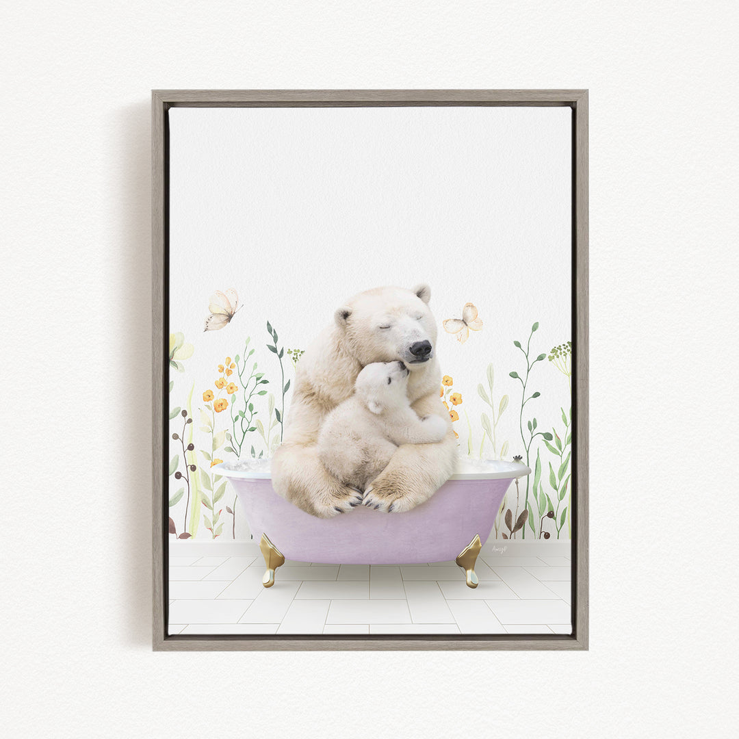 A polar bear is sitting in a bathtub, surrounded by flowers and butterflies, creating a whimsical and serene scene.