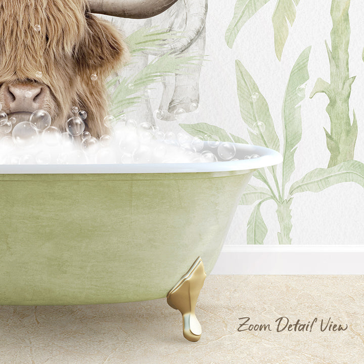A large, green claw-foot bathtub filled with bubbles, with a large, furry animal, possibly a yak or a bison, sitting inside it. The bathtub is placed against a wall with a tropical plant design.