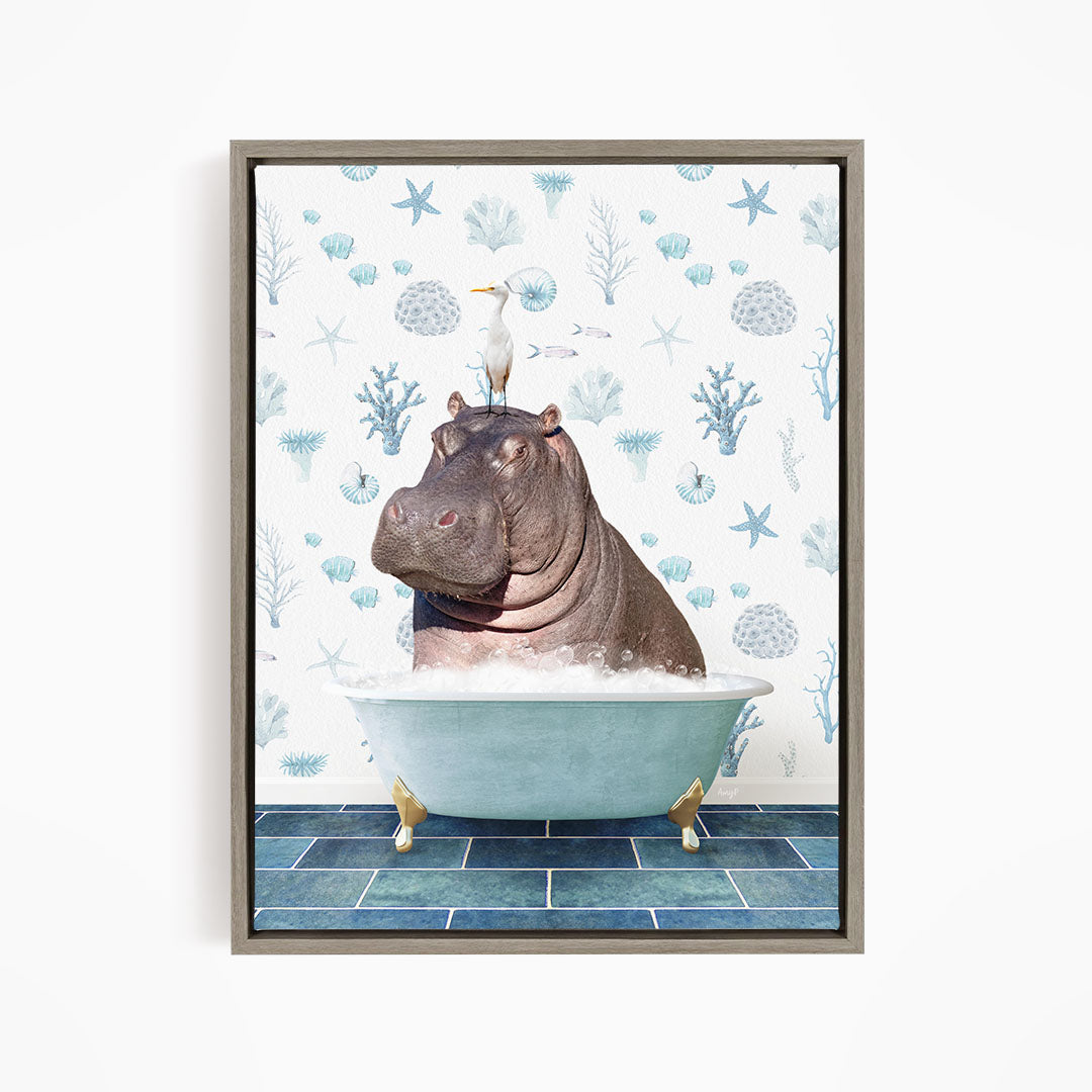 A hippopotamus sitting in a bathtub, with a seagull perched on its head.