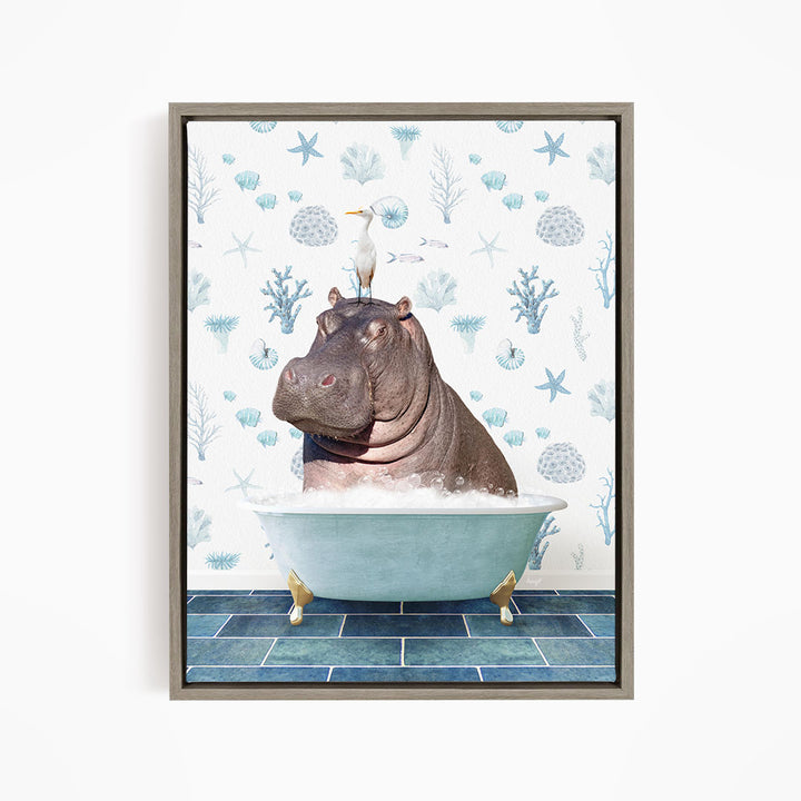 A hippopotamus sitting in a bathtub, with a seagull perched on its head.