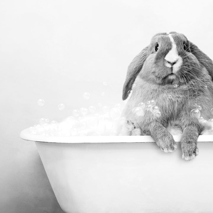 a rabbit is sitting in a bathtub with bubbles