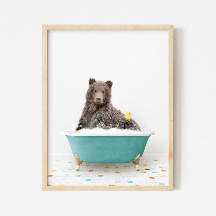 a brown bear sitting in a blue bath tub