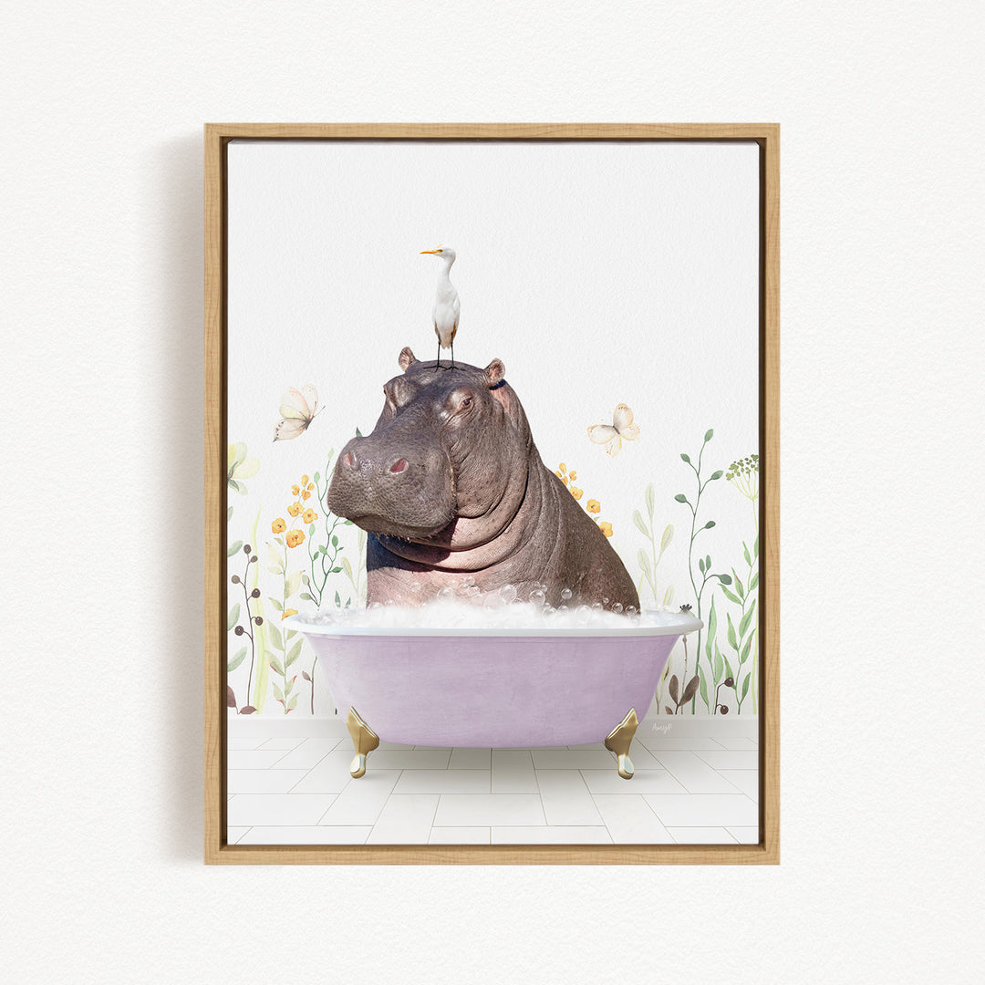 A hippopotamus sitting in a bathtub, with a seagull perched on its head, surrounded by flowers and butterflies.
