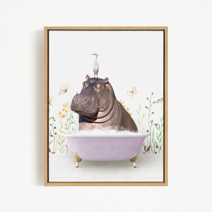 A hippopotamus sitting in a bathtub, with a seagull perched on its head, surrounded by flowers and butterflies.